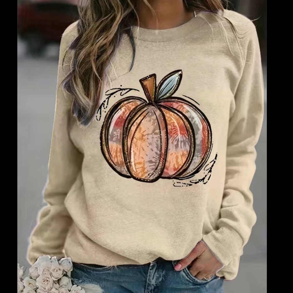 Pumpkin Print Sweatshirt Casual Long Sleeve Crew Neck - Apricot Color - Large